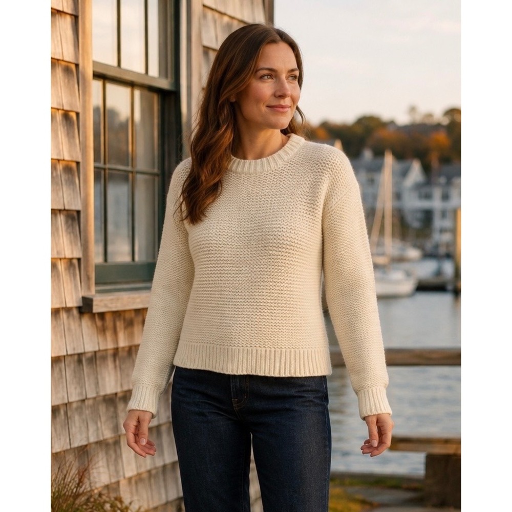 Vintage J.Crew Fisherman Sweater Womens M 90s Ivory Lambswool Cashmere Chunky